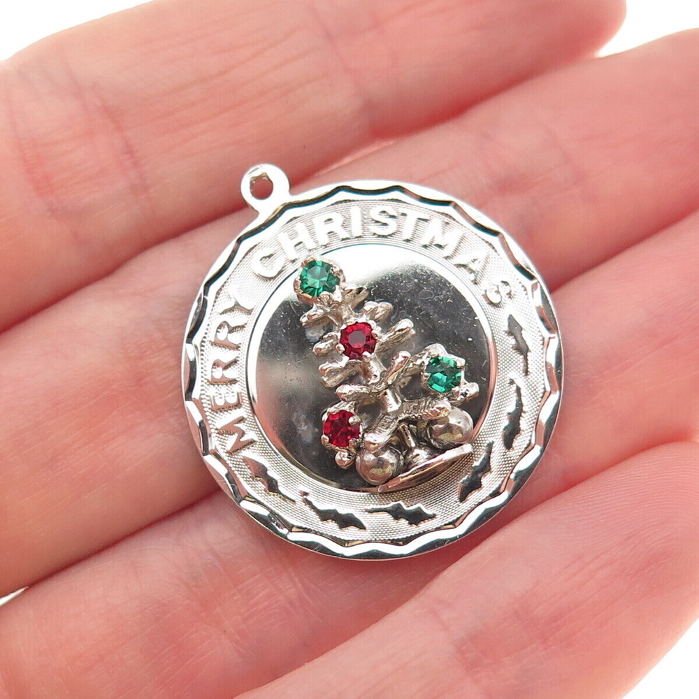 925 Sterling Silver Vintage Rhinestone Merry Christmas Tree Charm Pendant